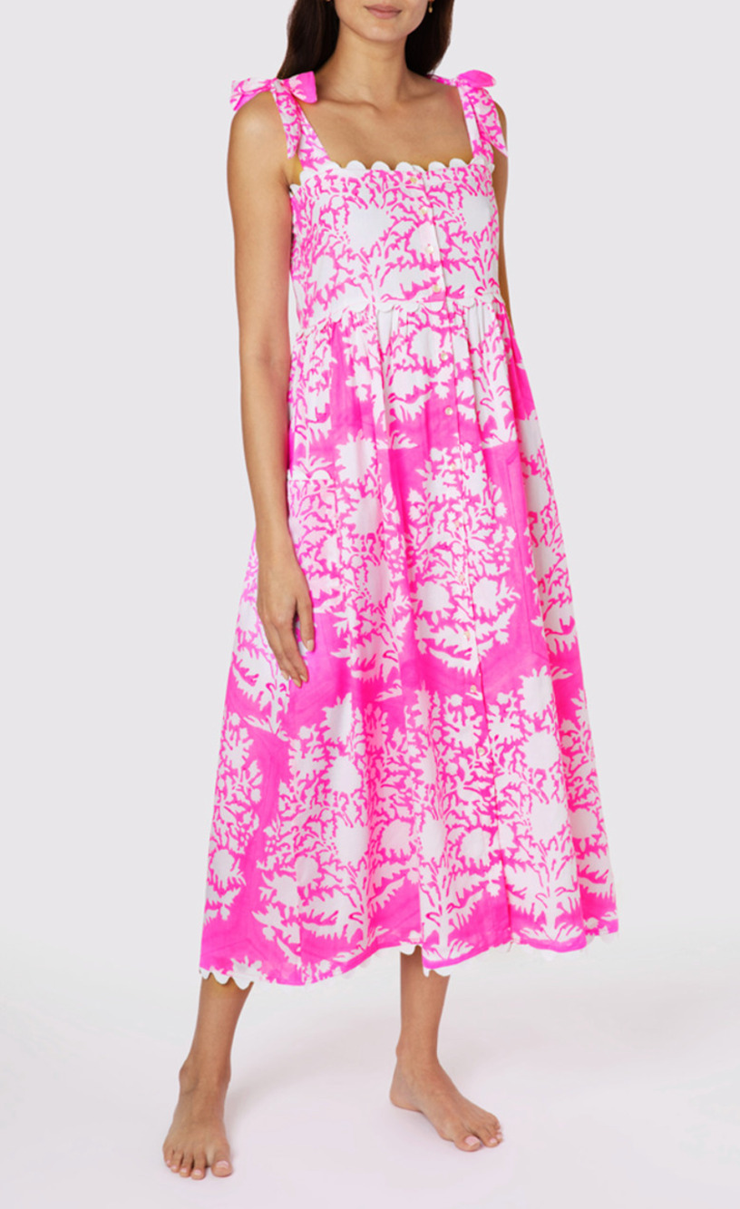 Juliet Dunn Tuckernuck Tie Shoulder Palladio Print Midi Dress Fuchsia Pink S